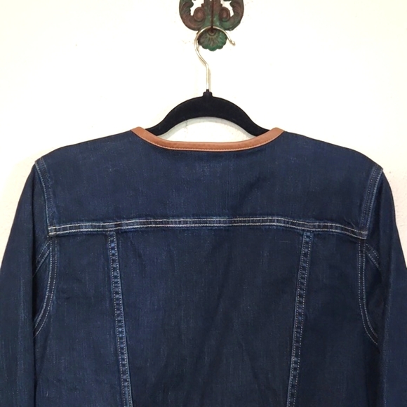 Ralph Lauren Dark Blue Denim Jacket Leather Trim Collar Large - Picture 7 of 13